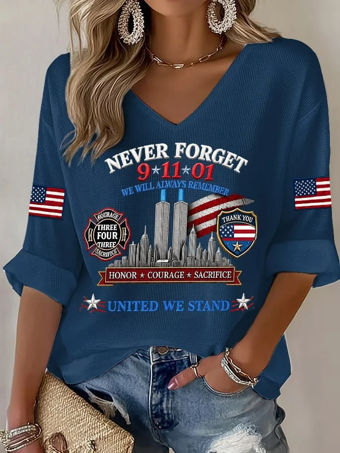 9 11 25th Anniversary Never Forget V-Neck Long Sleeve Shirt 9 11 Apparel Tribute Gift For Her