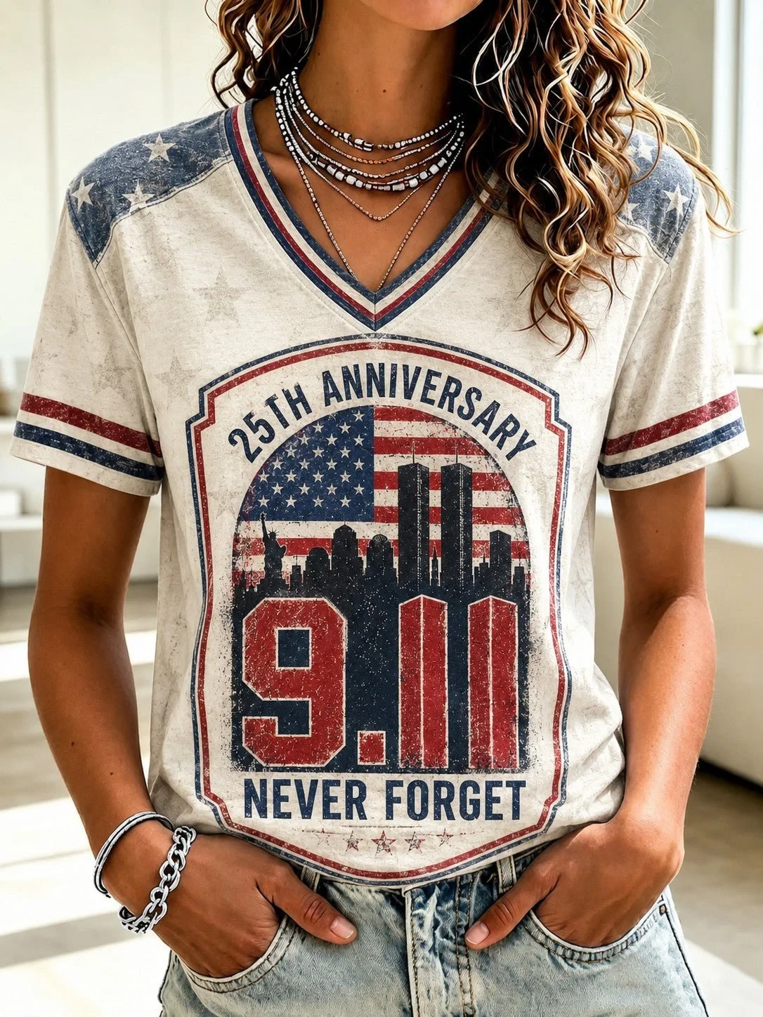 9 11 25th Anniversary Never Forget V-Neck Shirt 911 Clothing Present For Wife