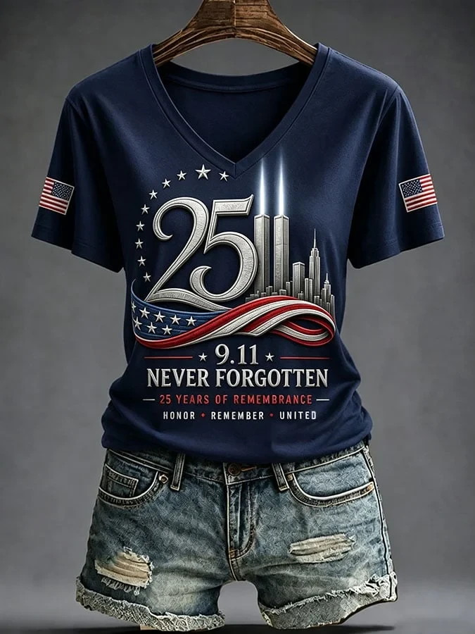9 11 25th Anniversary Never Forgotten 2001 2026 V-Neck Shirt Best Patriotic Apparel Gift For Wife