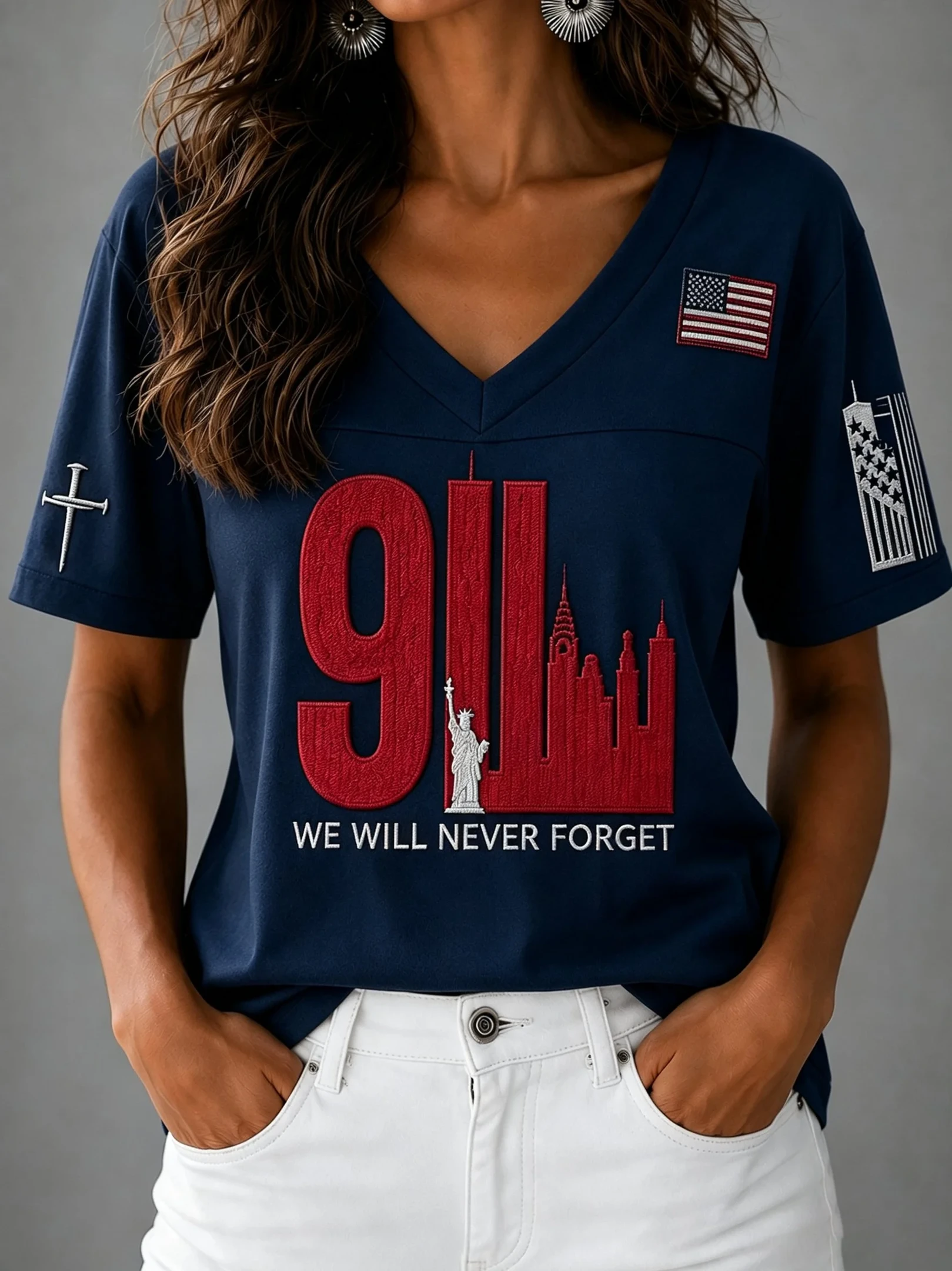 9 11 25th Anniversary We Will Never Forget V-Neck Long Sleeve Shirt 9 11 Tribute Clothing