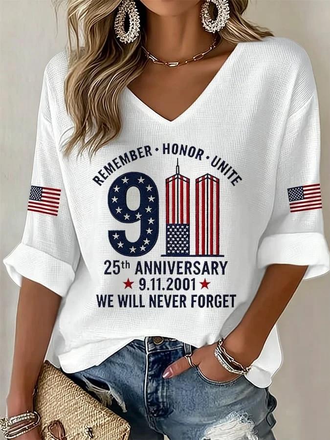 9 11 25th Anniversary We Will Never Forget V-Neck Long Sleeve Shirt 911 Clothing