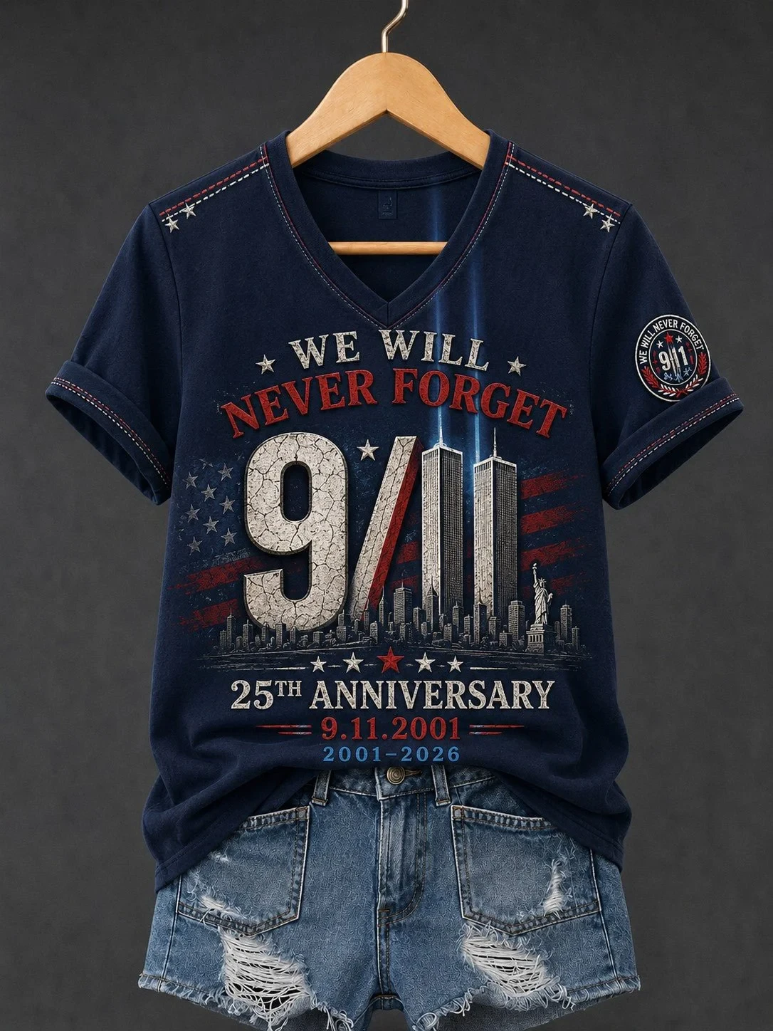 9 11 25th Anniversary We Will Never Forget V-Neck Shirt 9 11 Commemorative Clothing Unique Gift Ideas