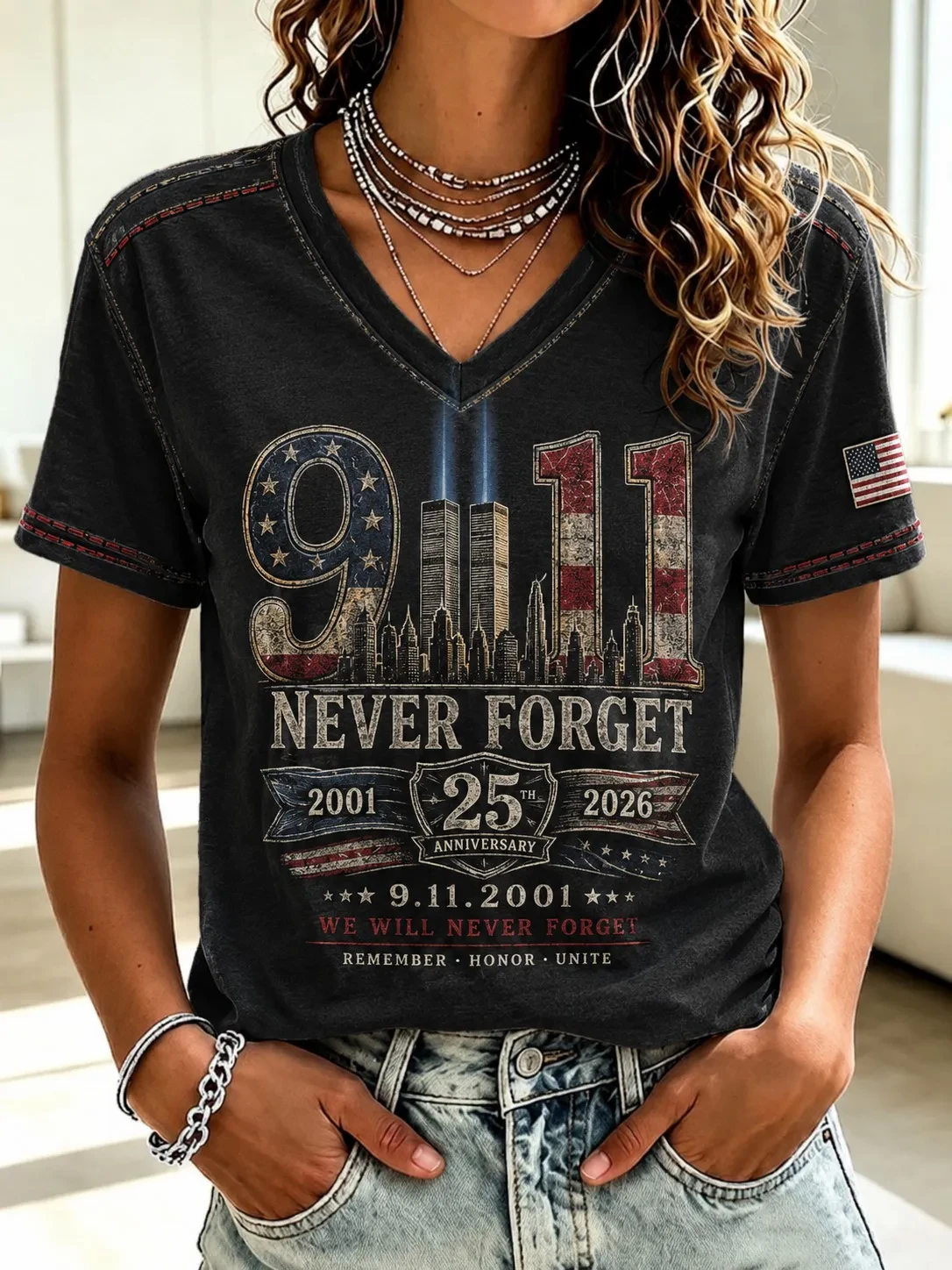 9 11 Never Forget V-Neck Shirt September 11th Commemorative Clothing Present For Patriots