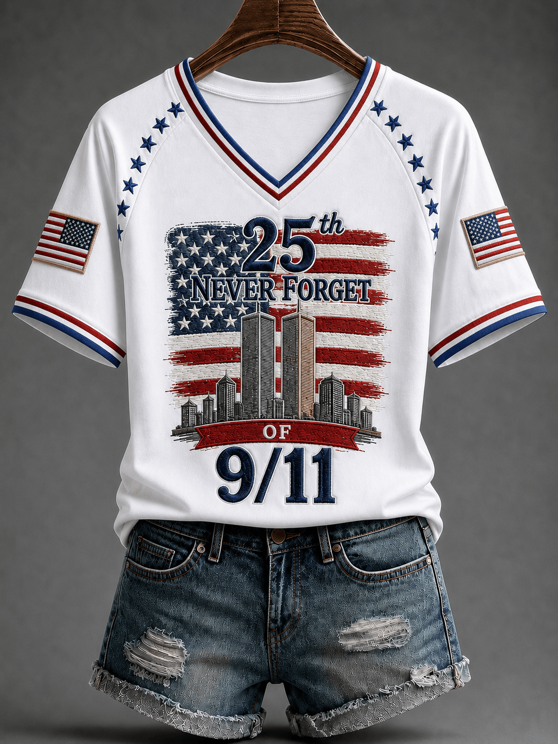 9 11 We Will Never Forget V-Neck Shirt American Flag Memorial Merch For Friends