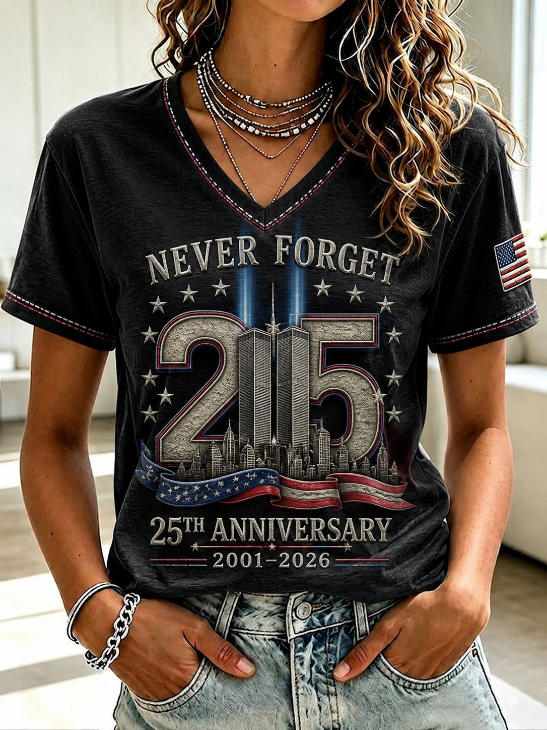 9 11 We Will Never Forget V-Neck Shirt American Flag Patriot Day Merch For Americans