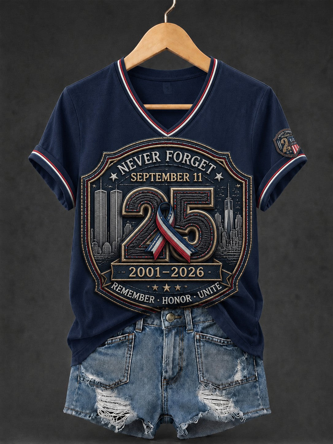 9 11 We Will Never Forget V-Neck Shirt American Flag Remembrance Merch For Friends