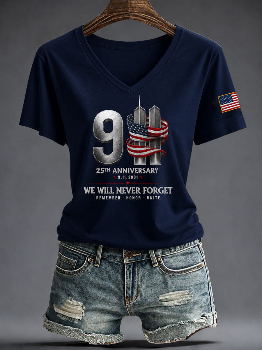 9 11 We Will Never Forget V-Neck Shirt Patriot Day Hero Apparel For True Patriots