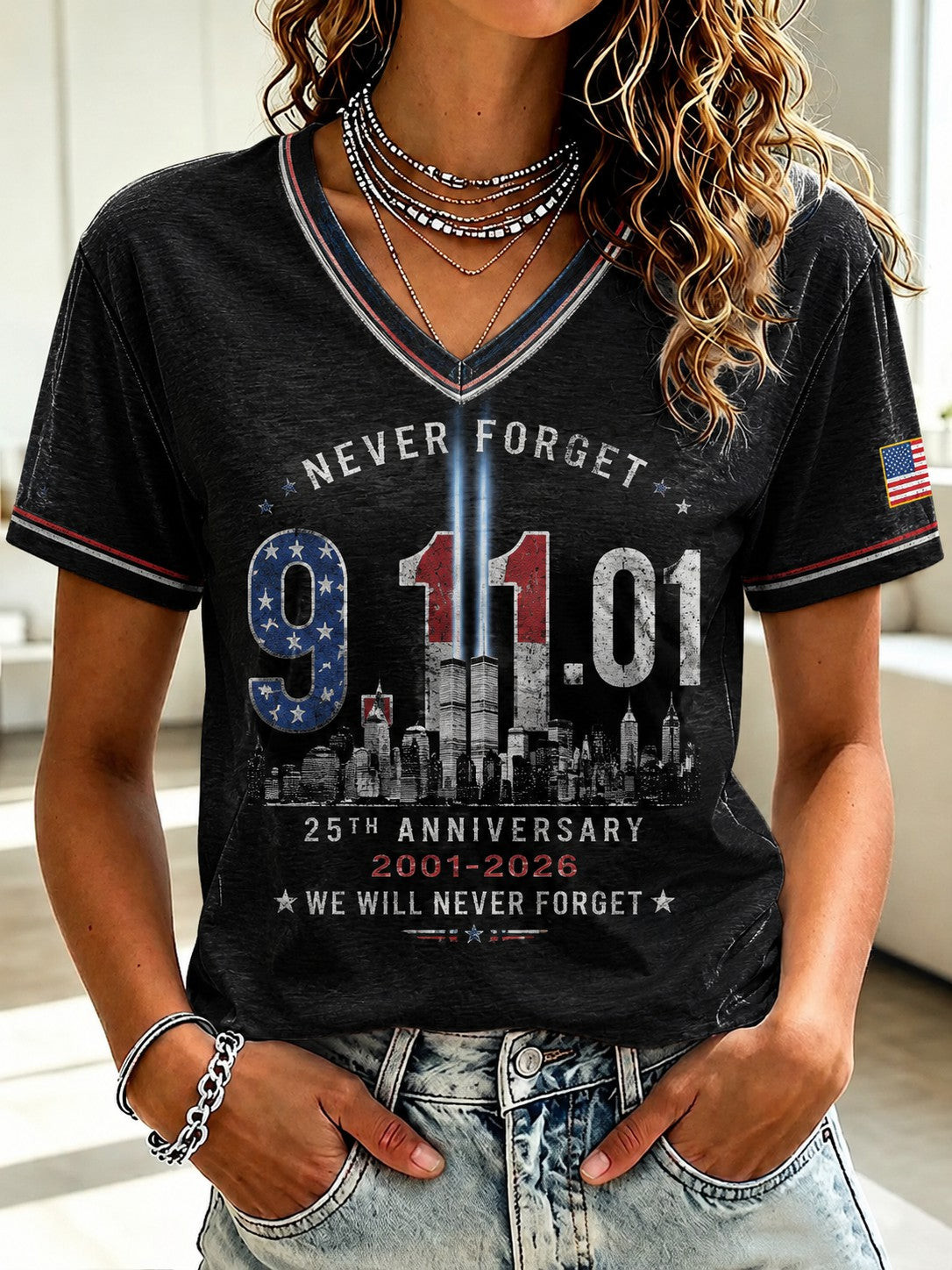 9 11 We Will Never Forget V-Neck Shirt September 11th Honor Clothing For Patriots