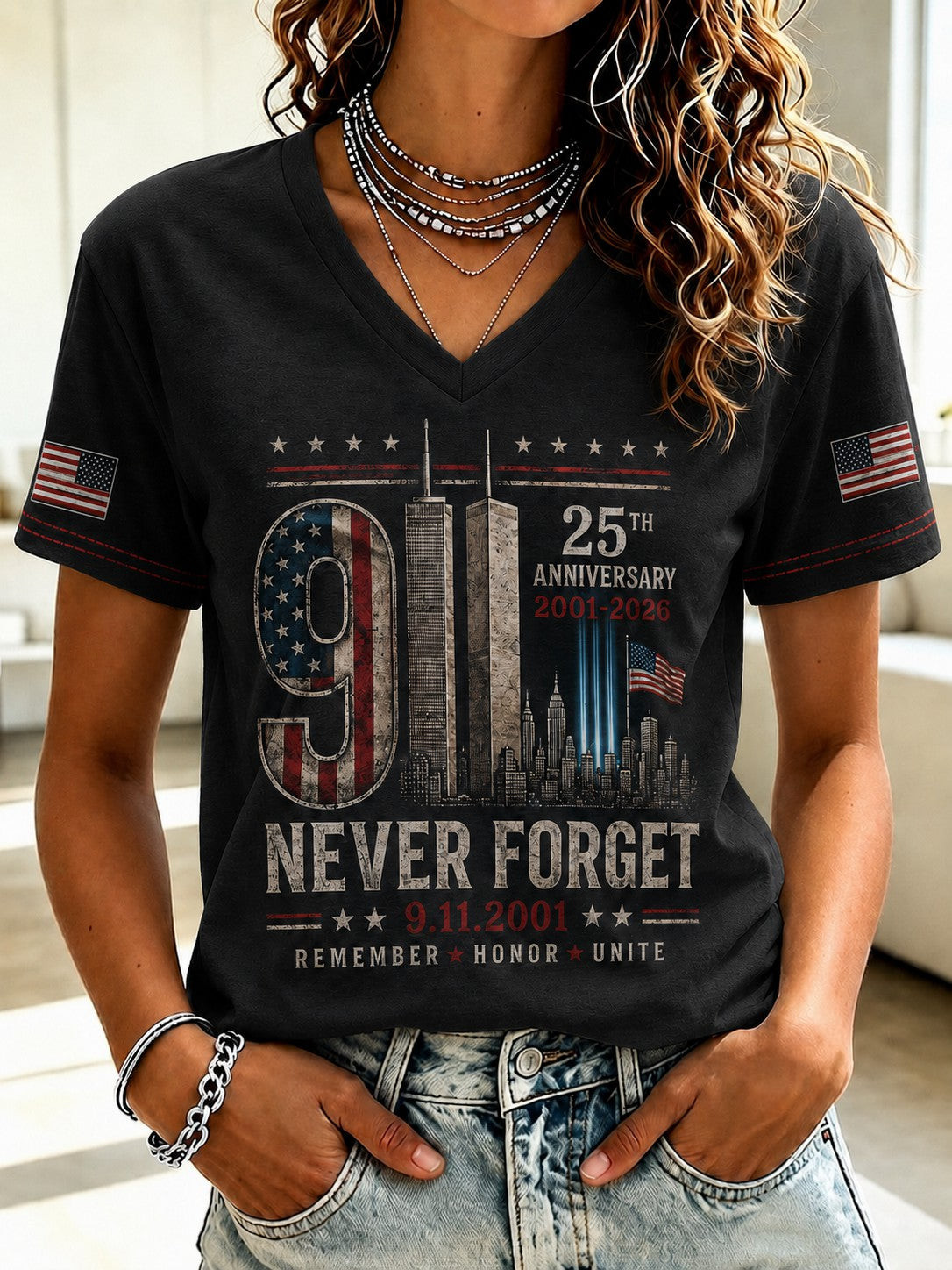 9 11 We Will Never Forget V-Neck Shirt September 11th Memorial Apparel For Patriots