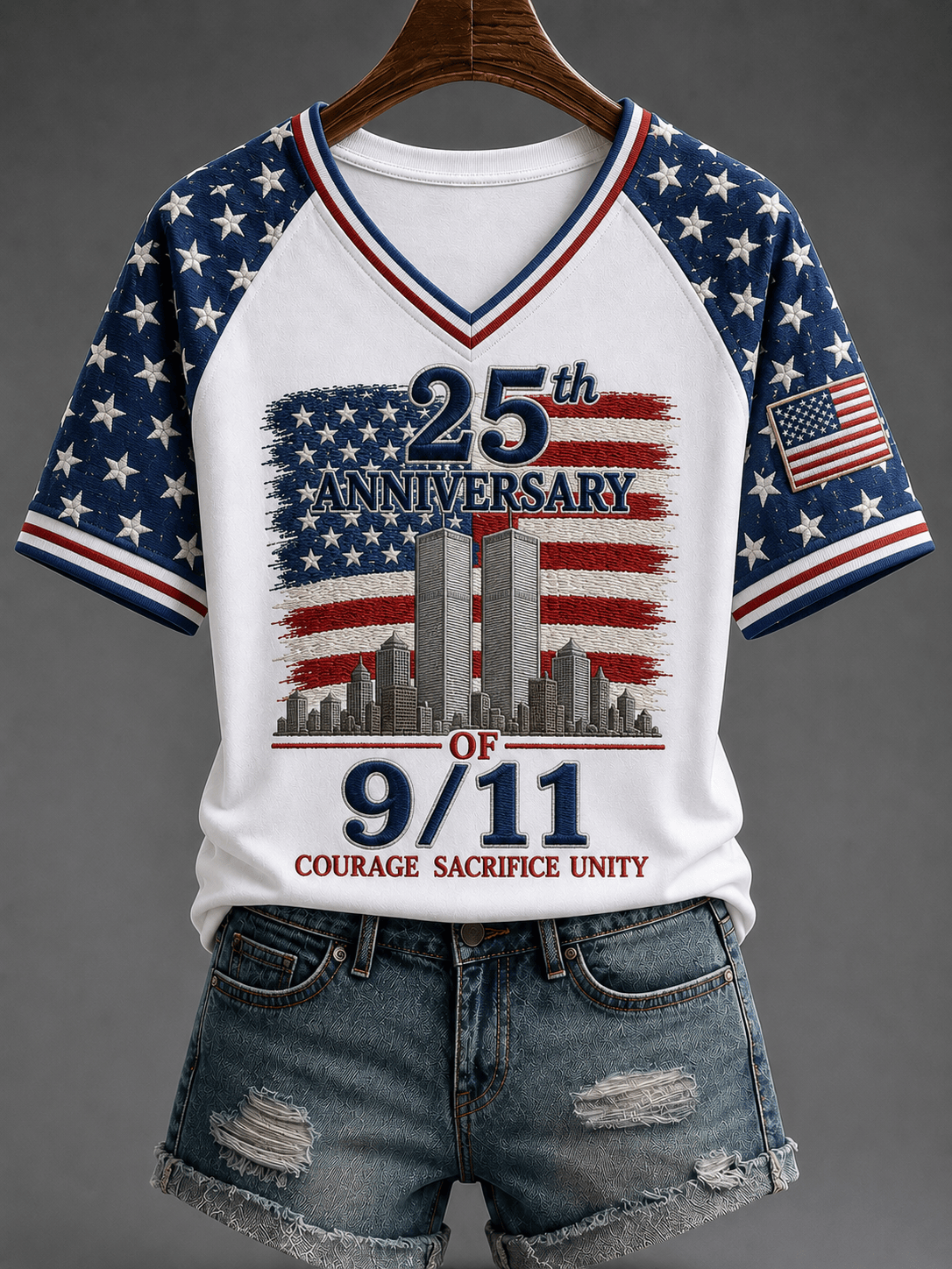 9 11 We Will Never Forget V-Neck Shirt Twin Towers Tribute Apparel For American Patriots