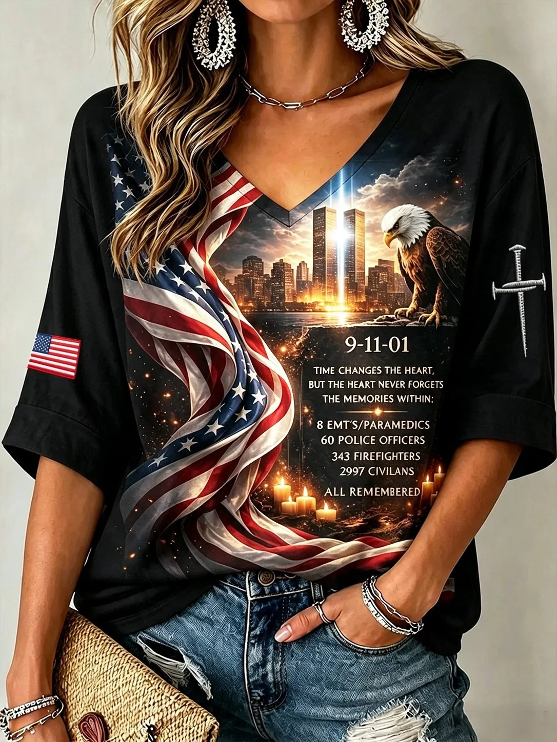 911 25Th Anniversary Never Forget Faith V-Neck Long Sleeve Shirt 9 11 Apparel