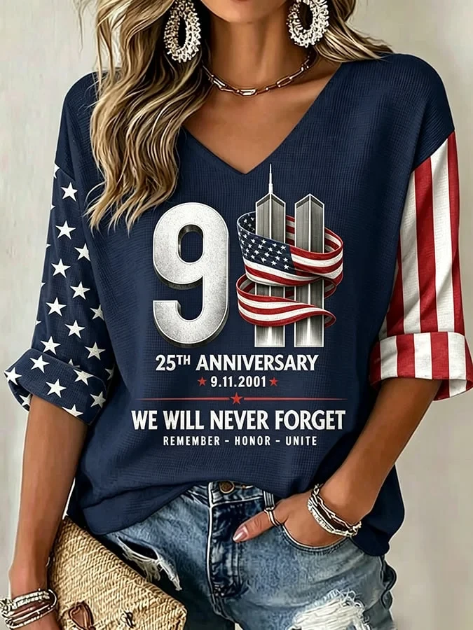 911 25th Anniversary We Will Never Forget V-Neck Long Sleeve Shirt 9 11 Apparel Gift For Sister