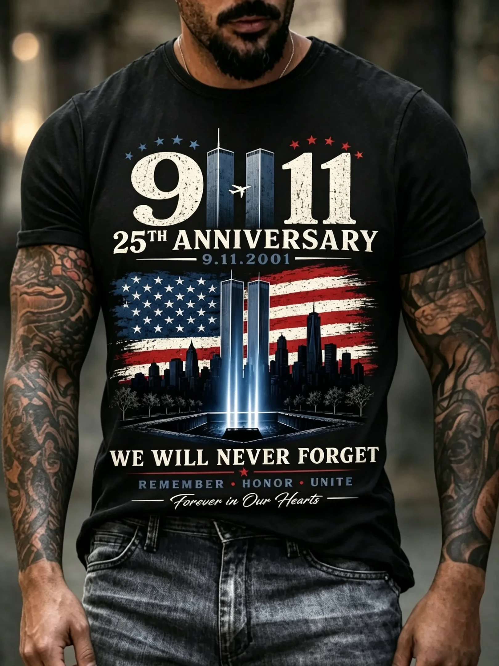 911 Never Forget Patriotic T-Shirt 9 11 25th Anniversary Apparel Presents For Husband
