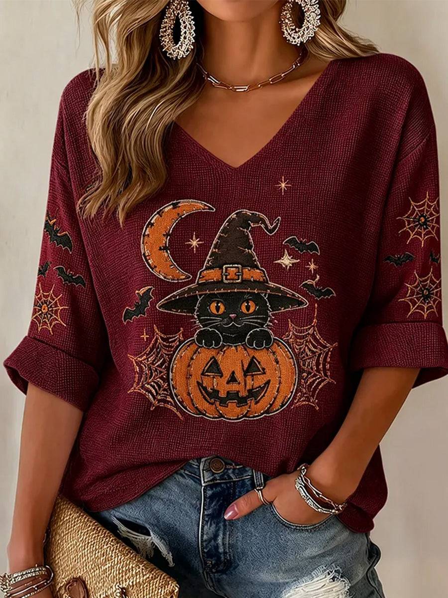 Black Cat Witch Pumpkin Moon Cropped Sleeve V-Neck Shirt Halloween Spooky Outfit