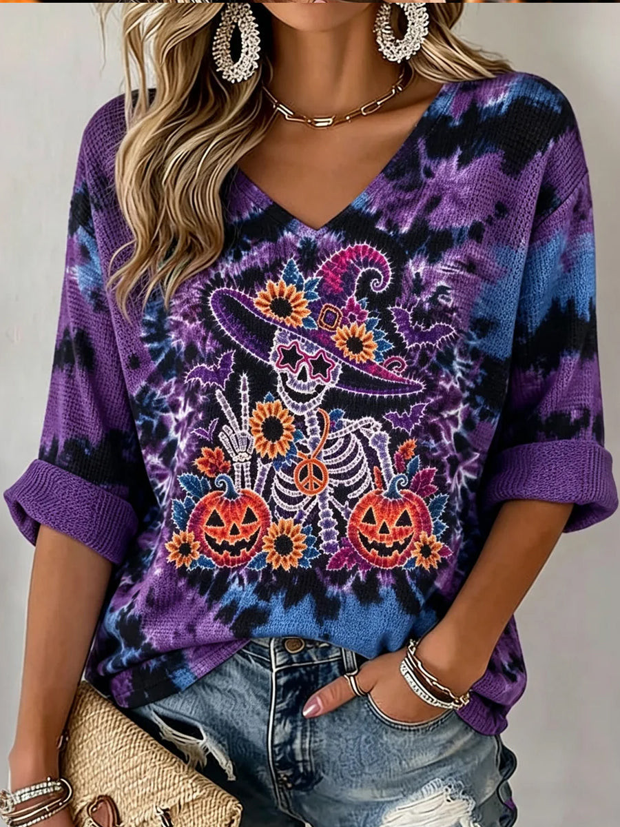 Hippie Skeleton Witch Sunflower Tie Dye Cropped Sleeve V-Neck Shirt Fan Gift Ideas