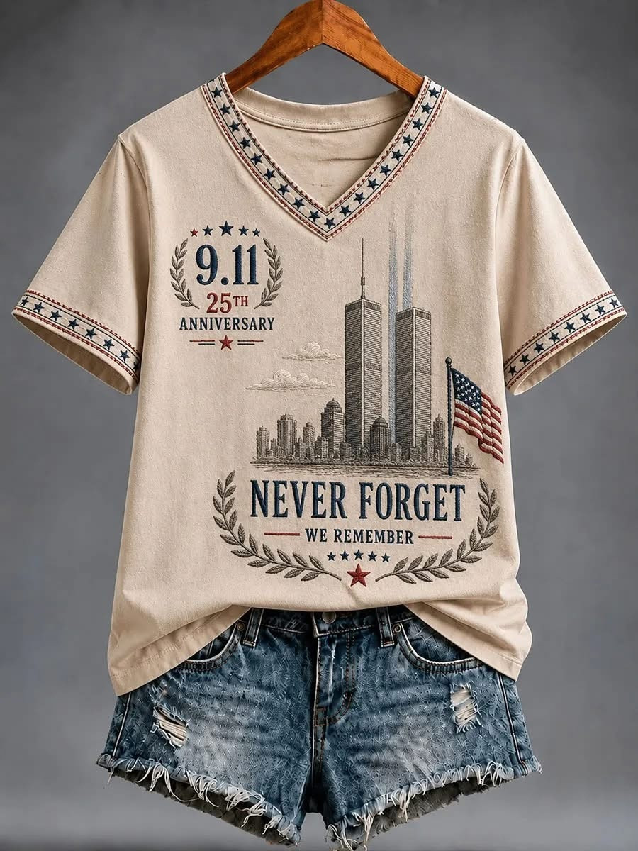 Never Forget 9 11 25th Anniversary V-Neck Shirt Women's Patriot Clothes Gift For American Patriots
