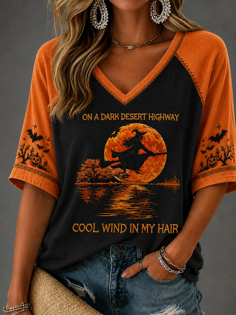 On A Dark Desert Highway Cool Wind In My Hair V-Neck Shirt Halloween Witch Merch