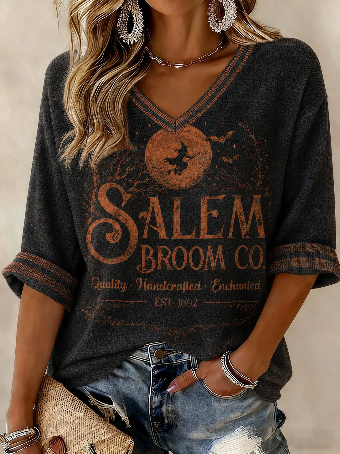 Salem Broom Co Quality Handcrafted Enchanted Est 1692 Cropped Sleeve V-Neck Shirt Moon Clothing