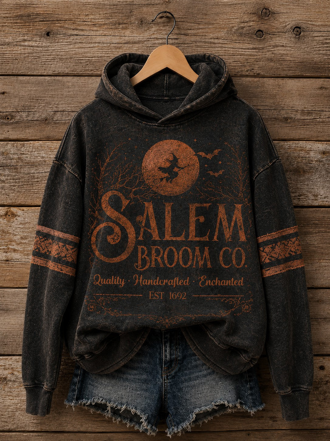 Salem Broom Co Quality Handcrafted Enchanted Est 1692 Hoodie Halloween Witch Merch Spooky Gifts