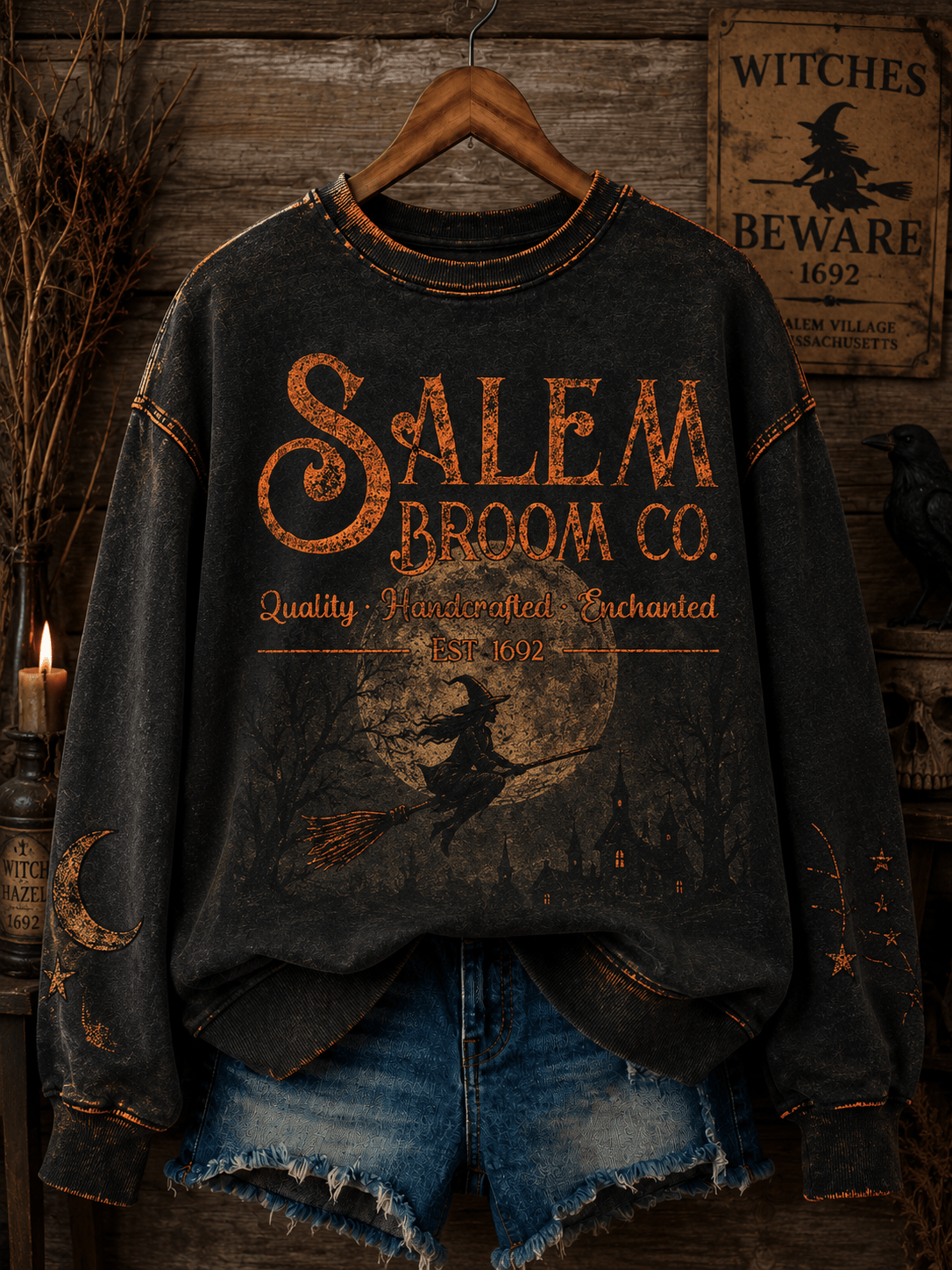 Salem Broom Co Quality Handcrafted Enchanted Est 1692 Sweatshirt Halloween Witch Clothing