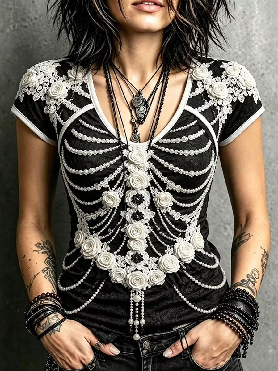 Skeleton Roses V-Neck Shirt Gothic Floral Clothing Best Halloween Apparel
