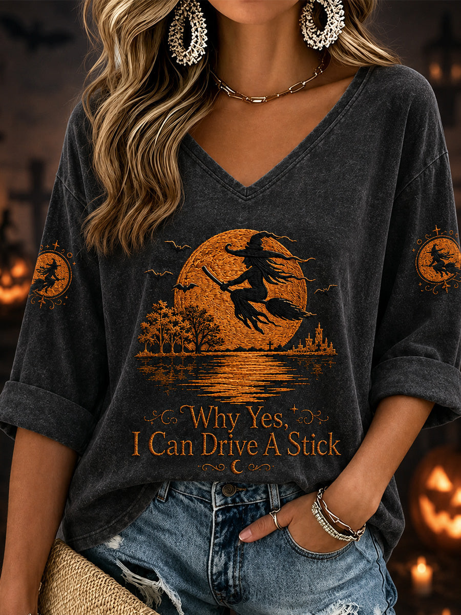 Why Yes I Can Drive A Stick Cropped Sleeve V-Neck Shirt Halloween Witch Merch Ideas For Wife