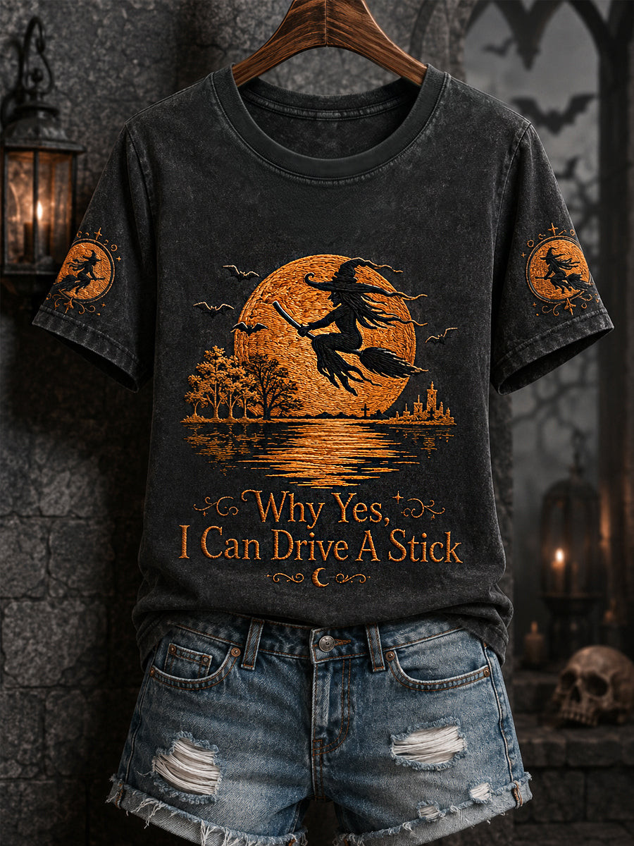 Why Yes I Can Drive A Stick T-Shirt Halloween Witch Clothing Top Halloween Outfit
