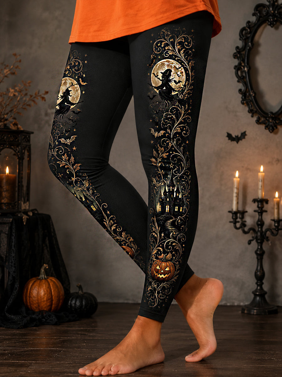 Witch Flying By Moonlit Castle Pumpkin Leggings Halloween Spooky Merch Gifts For Women